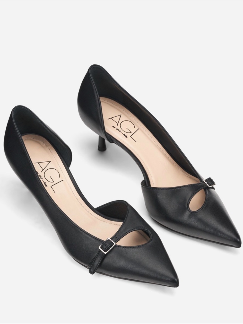 Agl Black Leather Pointed Mary Jane Kitten Heels
